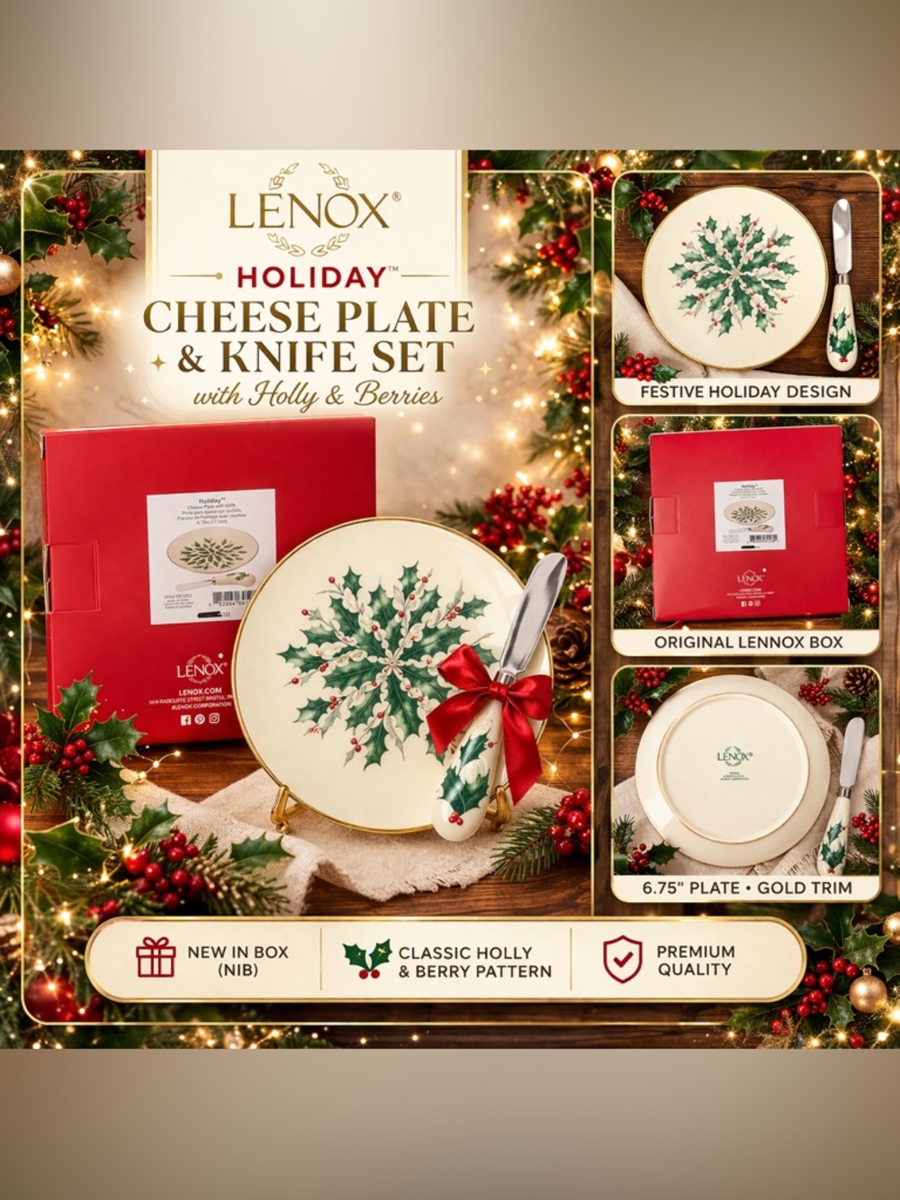 Lenox Holiday Cheese Plate & Knife Set Holly Berry NIB‎